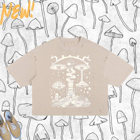 Frayed Boxy Tee with Esoteric Psychedelic Design for Music Festivals